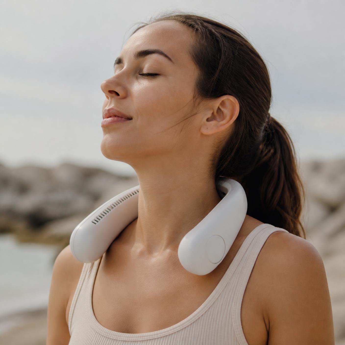 Person outdoors wearing the off-white Whisper Neck Fan on a warm day
