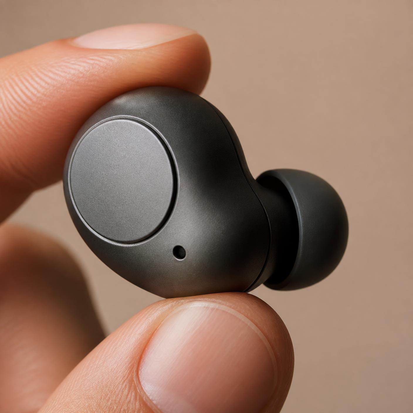Close-up of a single Studio ANC earbud held between fingertips