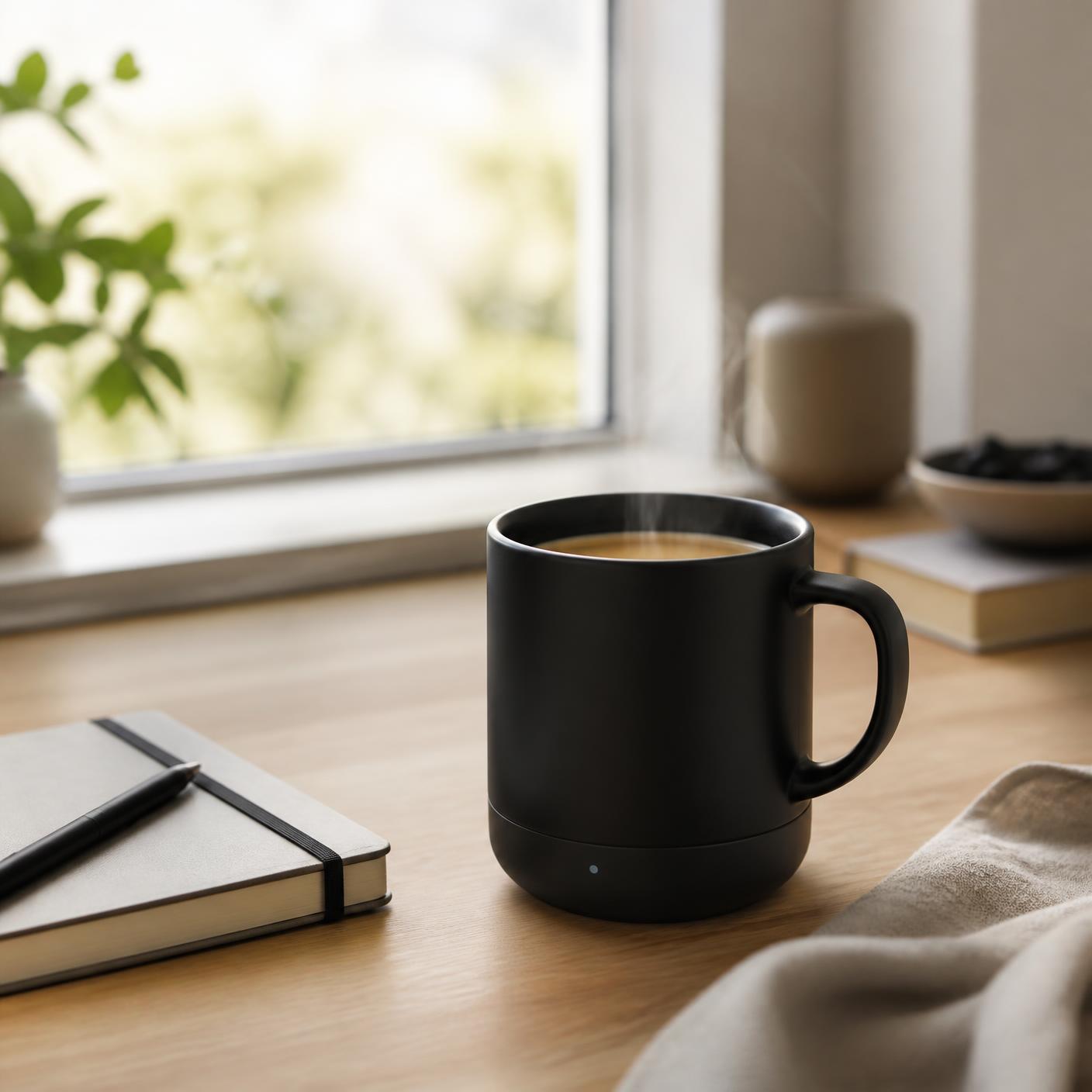 Precision Mug filled with coffee on an oak desk beside a notebook in morning light