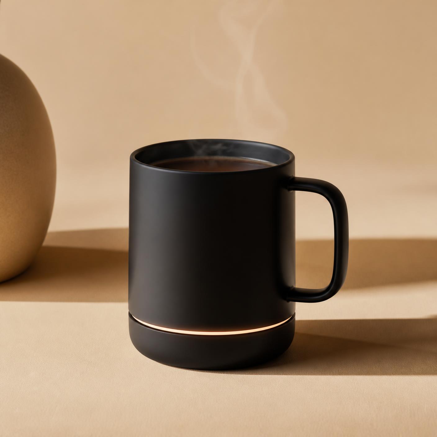 Matte black Precision Mug with a glowing base ring on a warm beige background