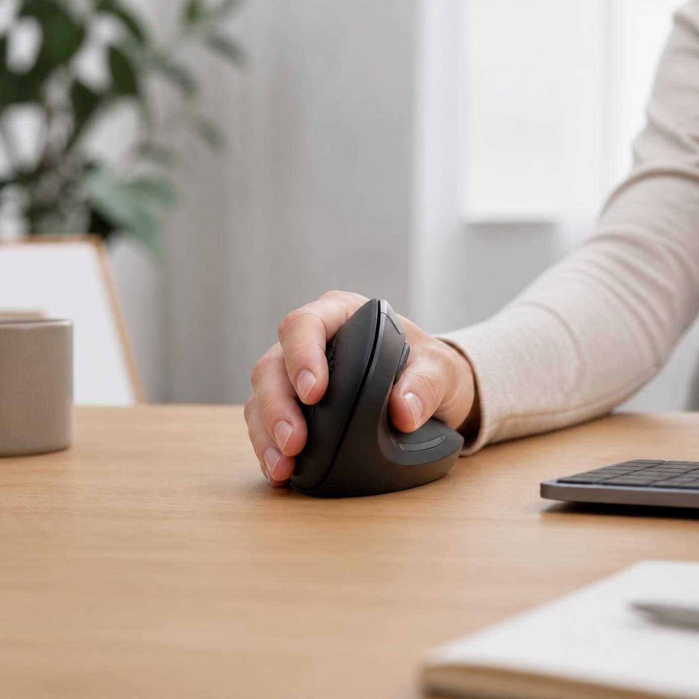 A hand resting on the ergonomic vertical mouse at a light oak desk